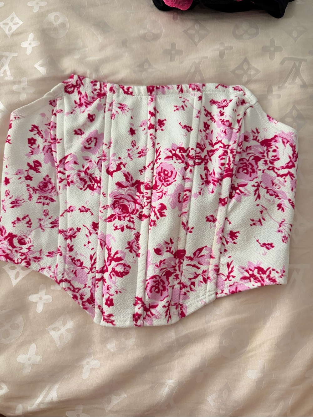 SHEIN White Floral Corset Top with Pink Rose Print